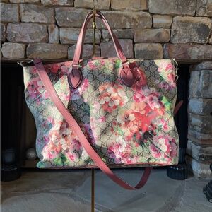 Gucci Floral Canvas Tote with Pink and Green Accents